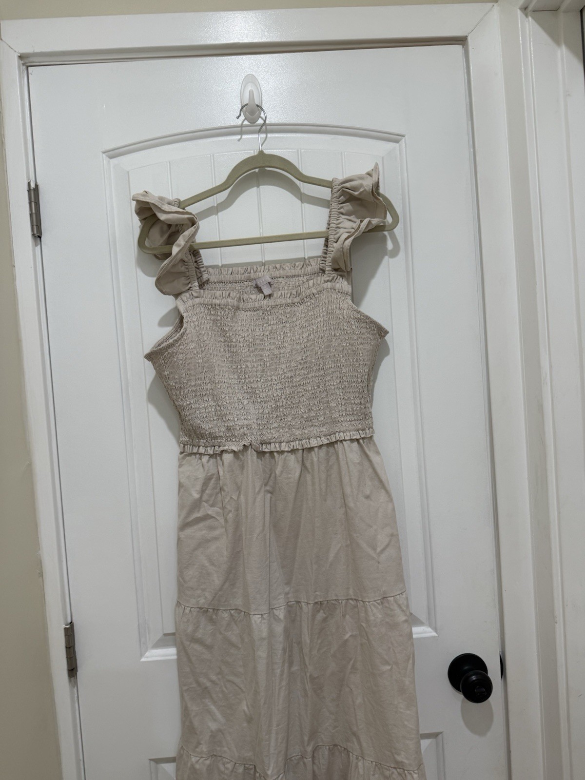 Chelsea28 Linen Blend Resort Smocked Dress Long Ruffle Sleeves Sz XL Khaki