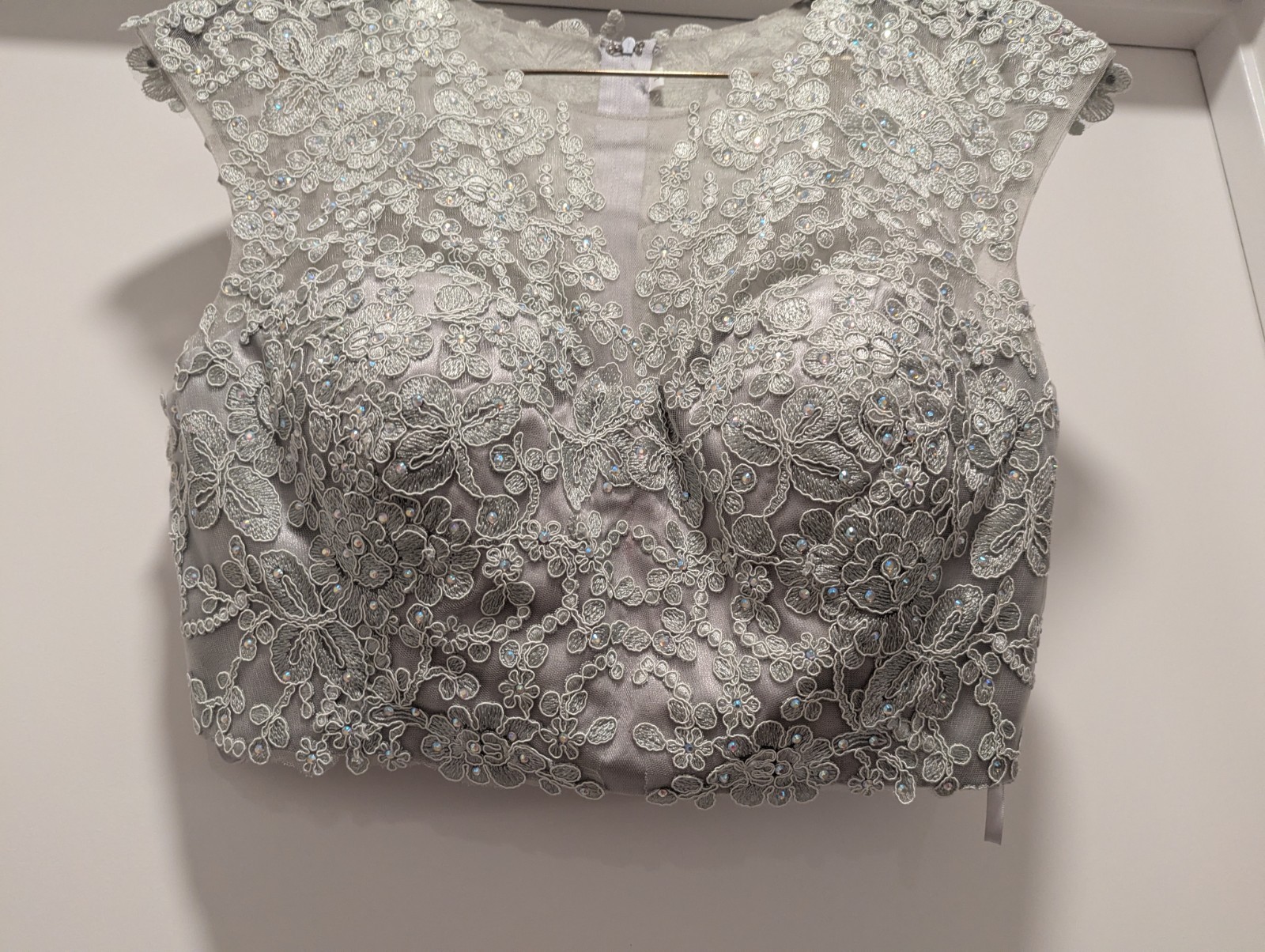 May Queen Size 12 Gray Beaded Embroidered Tulle V-Neck A-Line Knee Dress