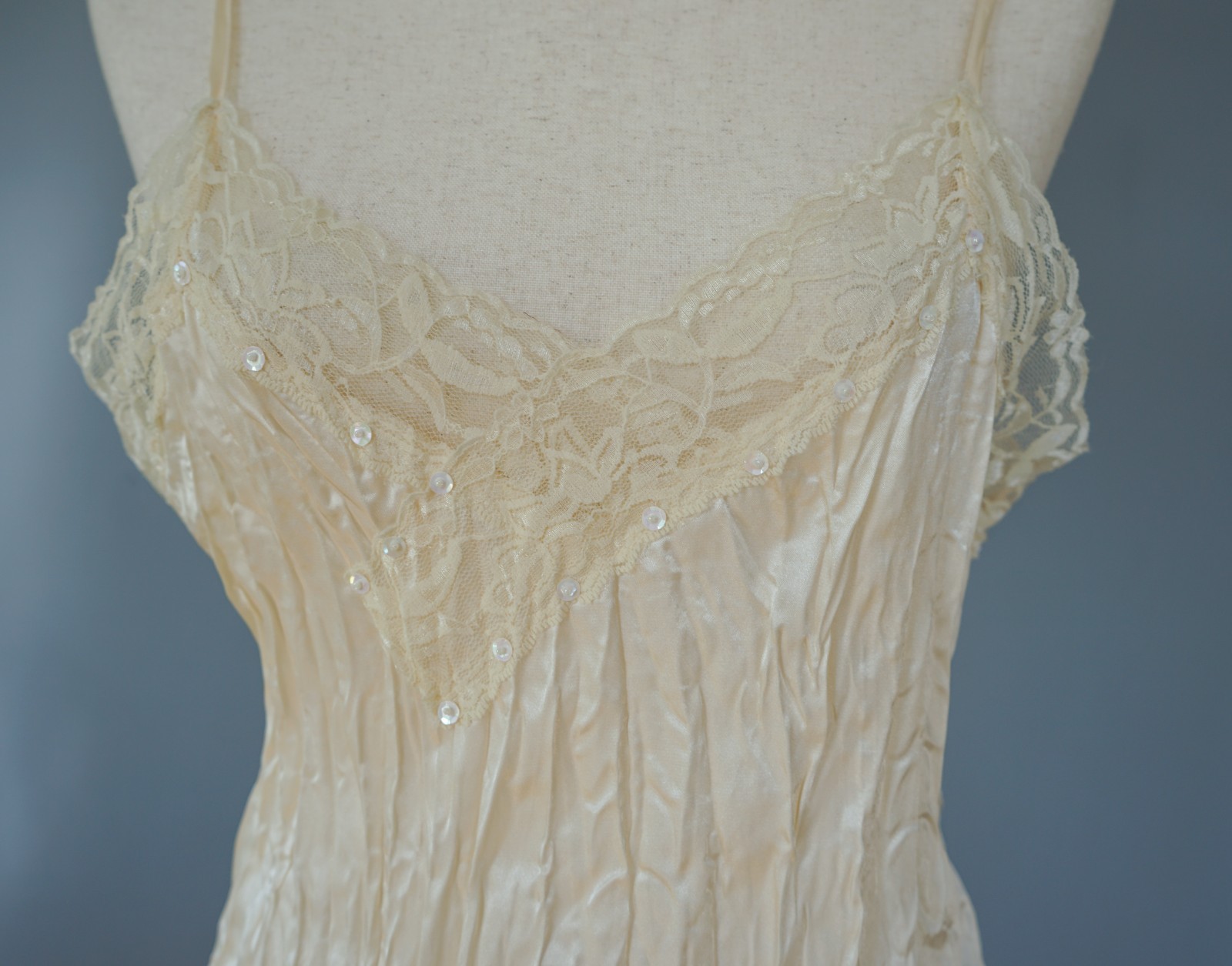 VTG 90s One Step Up Lace Slip Crinkle Dress Cami Top L Whimsigoth Fairy Coquette