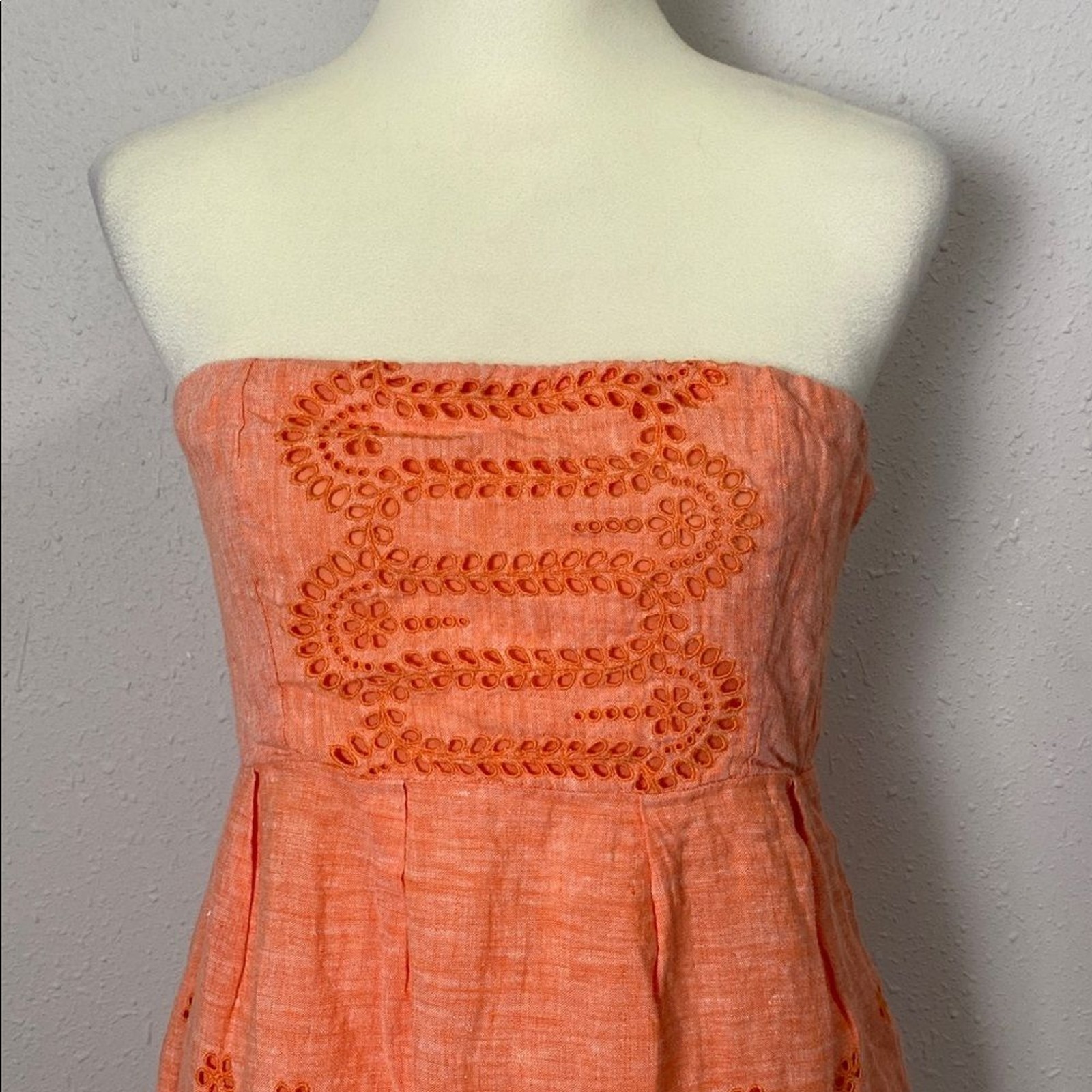 Lands’ End Canvas 1963 Strapless 100% Linen Eyelet Dress Size 10 Orange
