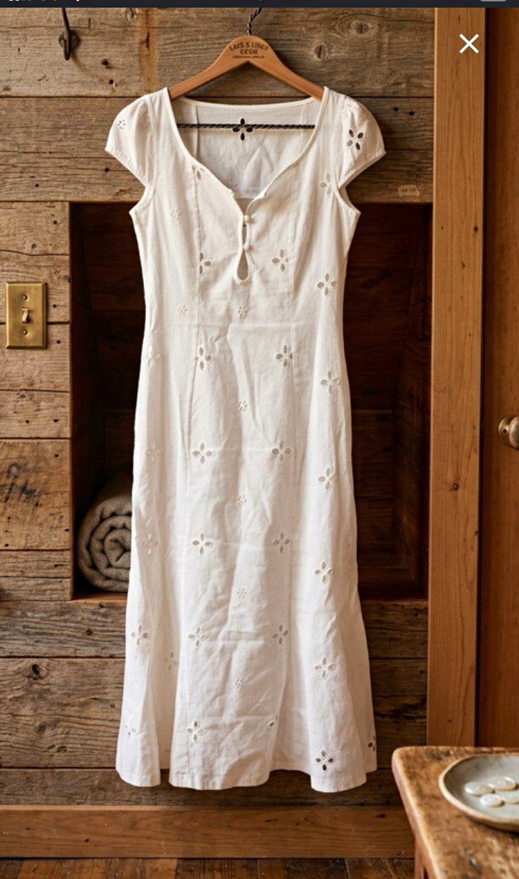 White Cotton Eyelet Embroidered Floral Midi A-Line Dress Scoop Neck XS