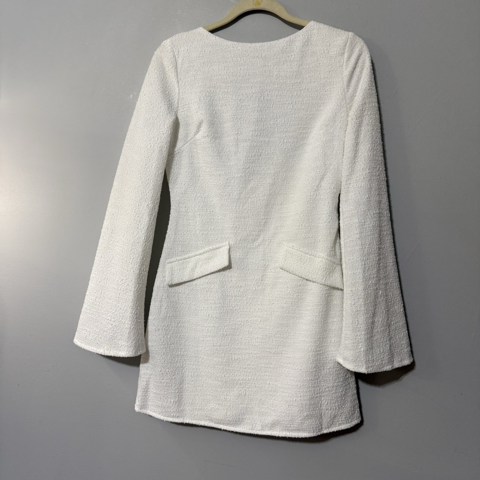 SHEIN White Textured Open Back Mini Dress Long Sleeve Faux Pocket Size M US 6