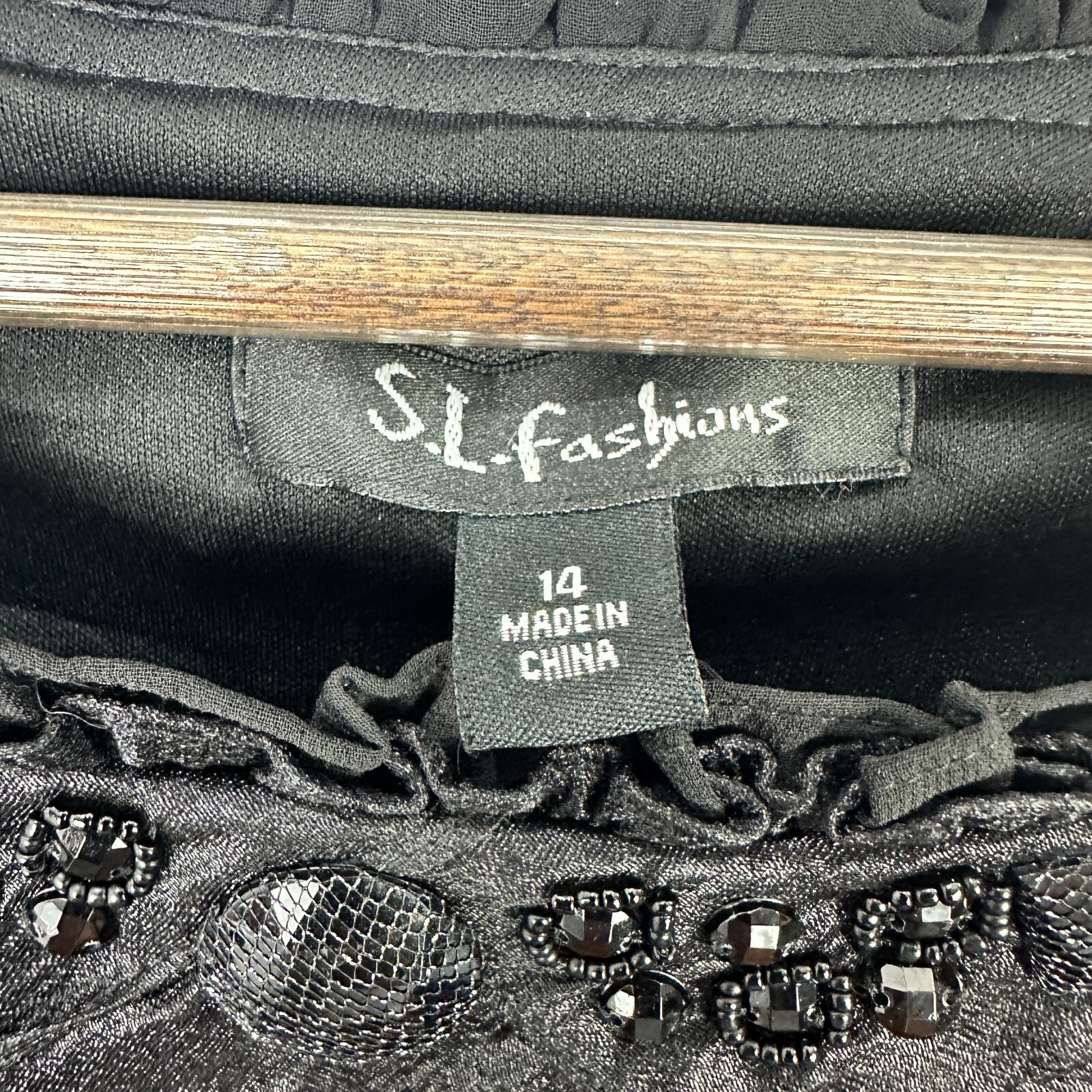 S.L. Fashions Black Tiered Ruffle Beaded Dress Women 14 Vtg Glam Romantic Party