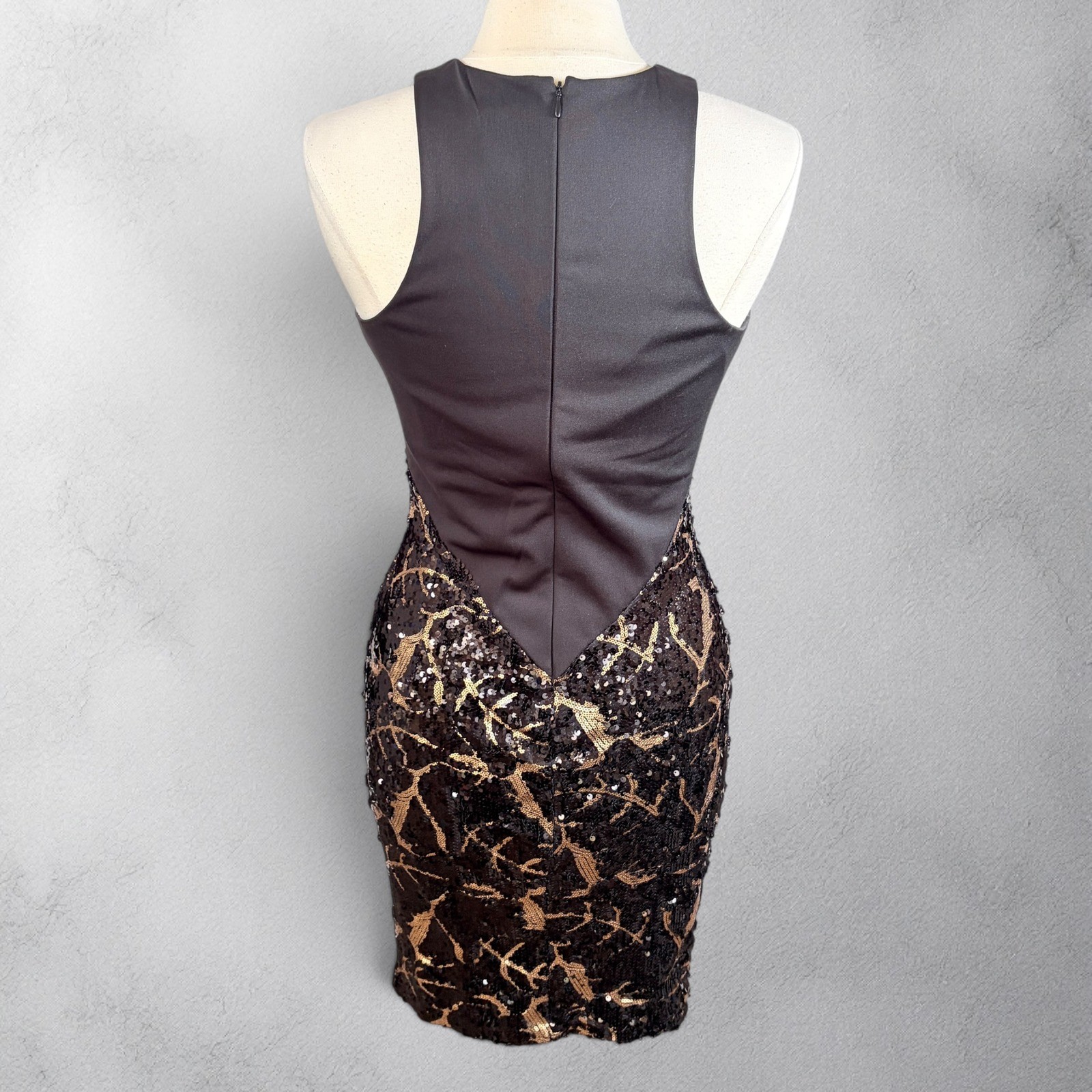 CACHE Sexy Sophistication Black & Gold Stretch Sequin Cocktail Mini Dress, MED