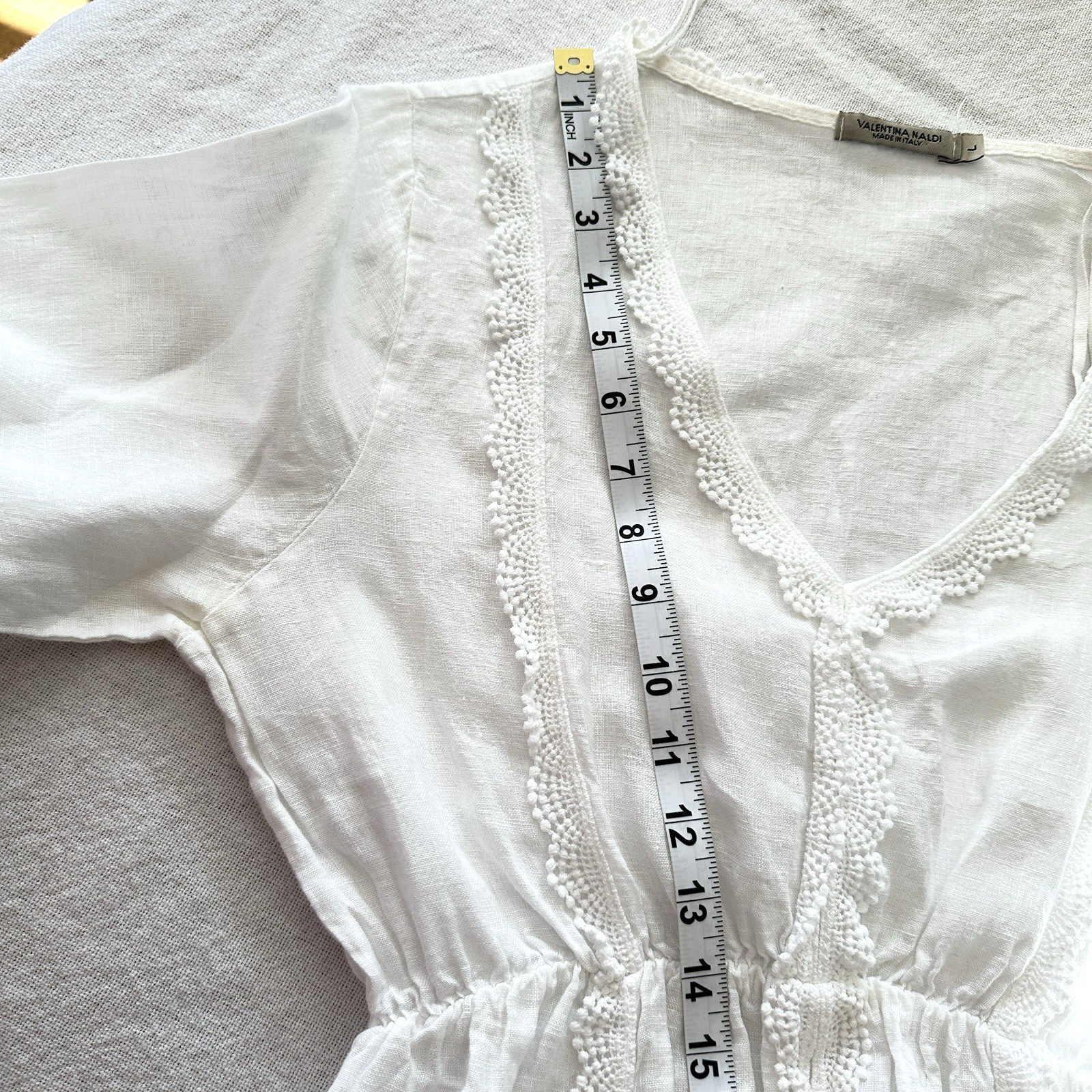 Valentina Naldi sz L White 100% Linen Crochet Trim V-Neck Mini Dress Italy Made