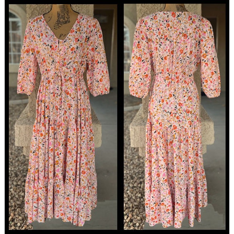 Petal & Pup Floral Button Front Drawstring Waist Tiered Kelda Midi Dress Size L