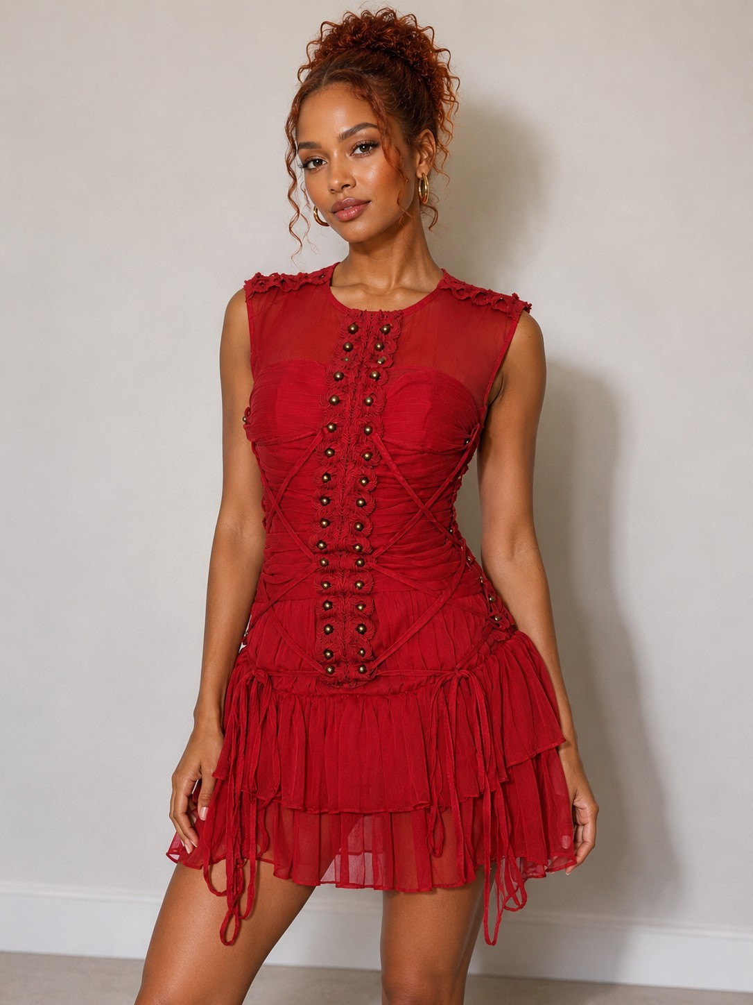 NWT Red Sleeveless Corset Ruffled Tiered Coquette Stud Party Mini Dress Sz Small