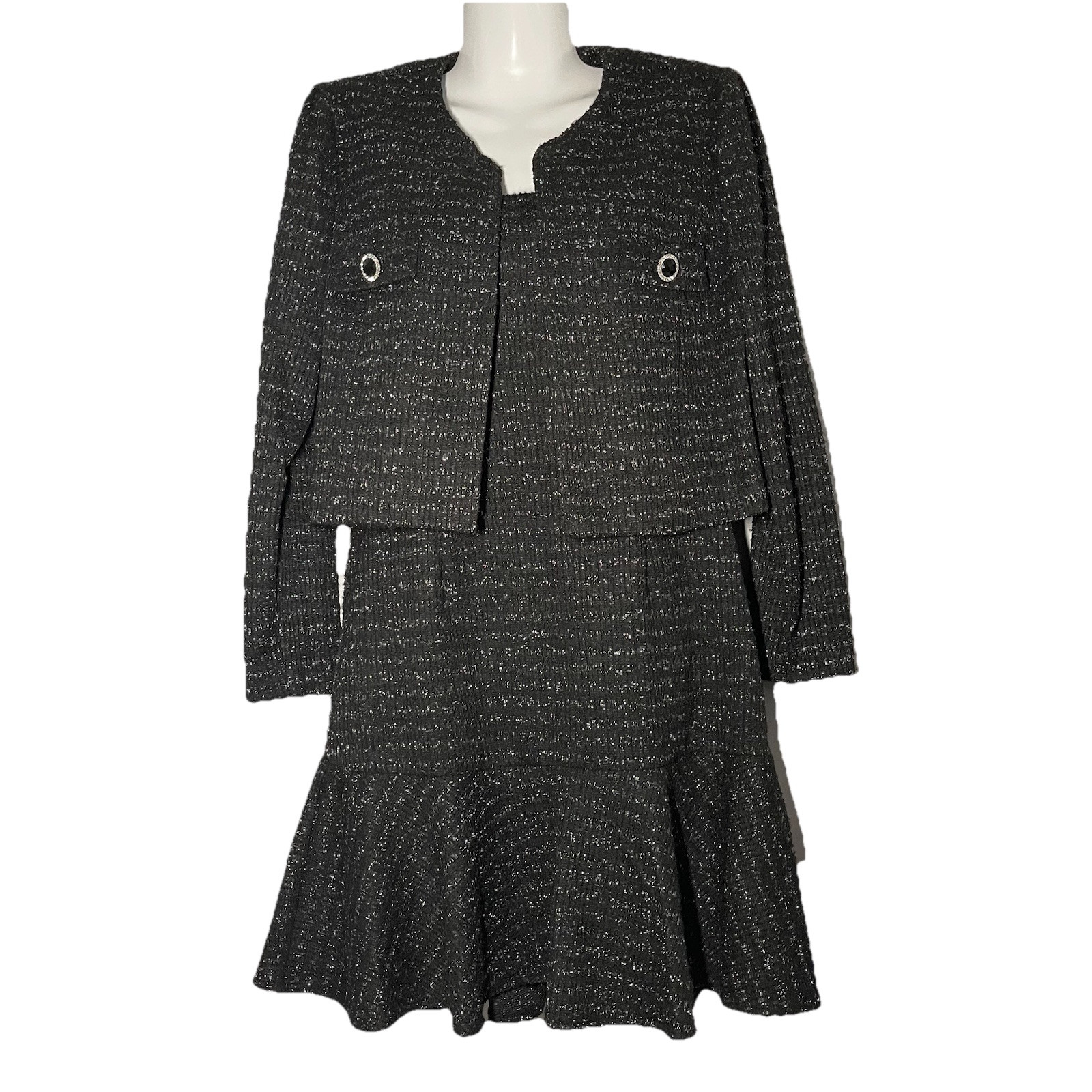 Taylor 2Pc Jacket/Shift Dress Set Size 6 Black Metallic Tweed Flounce Hem Money