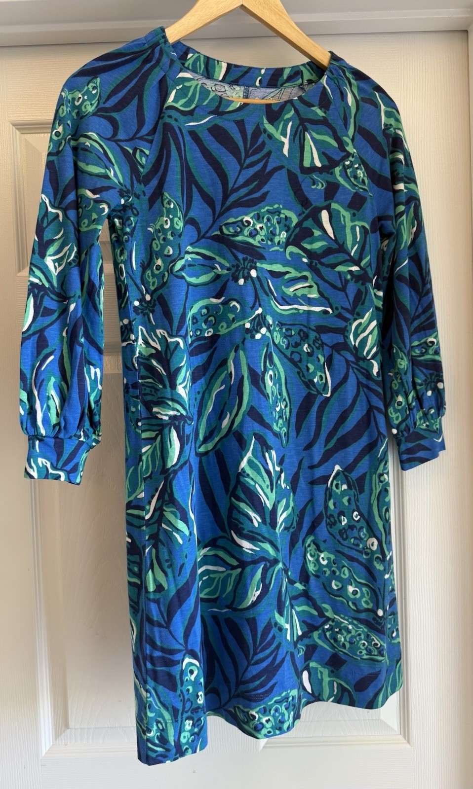 Lilly Pulitzer Dress Women XXS Blue Green Tropical Leaf Cotton Shift Long Sleeve