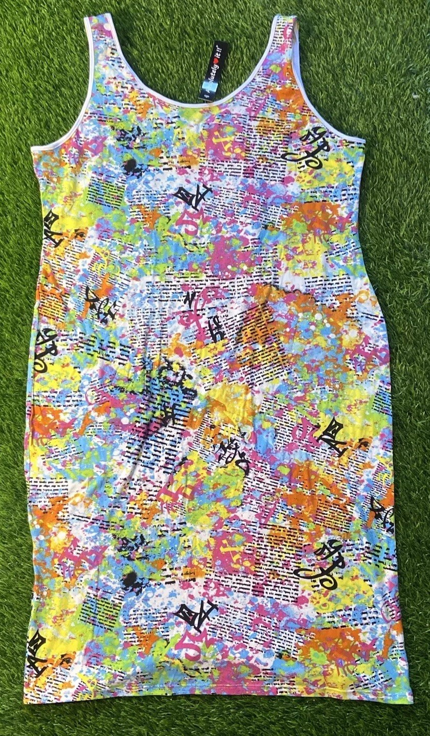 NWT Absolutely Love It 3X Tank Dress Stretch Comfort AOP Graffiti Colorful