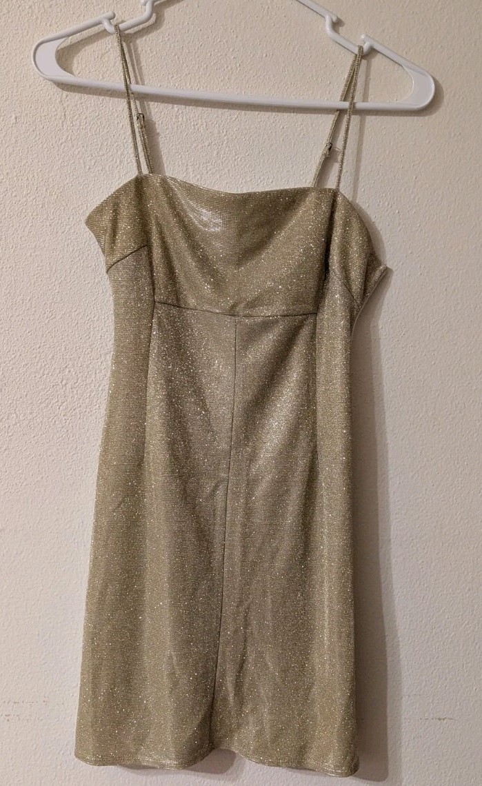 Chic Mini Gold Glitter Club Dress Side Zip Urban Outfitters Bodycon Glam Baddie