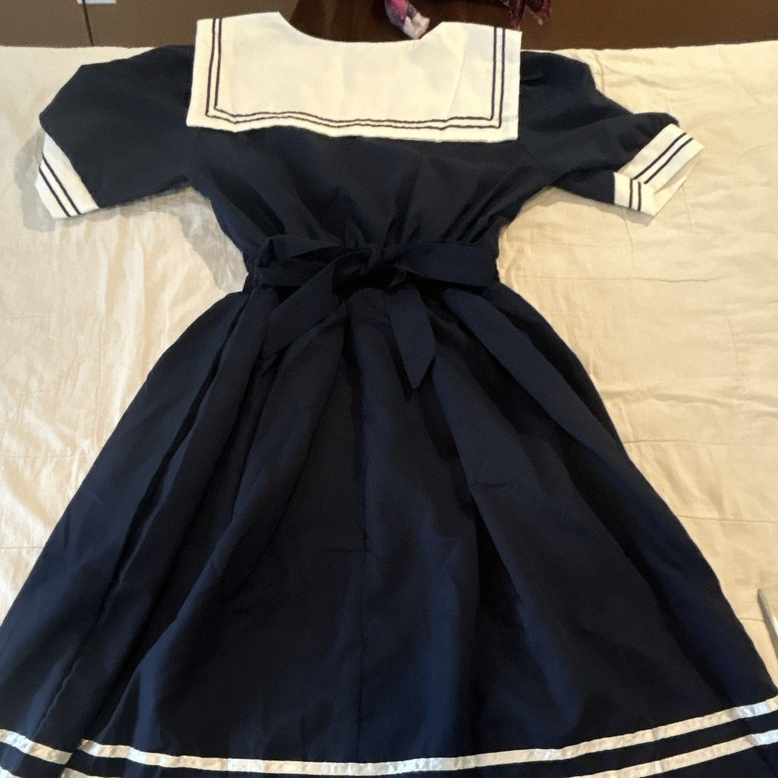 QIAO DUO YI M Women’s Navy White Sailor Collar A-Line Belted Dress Button Bow