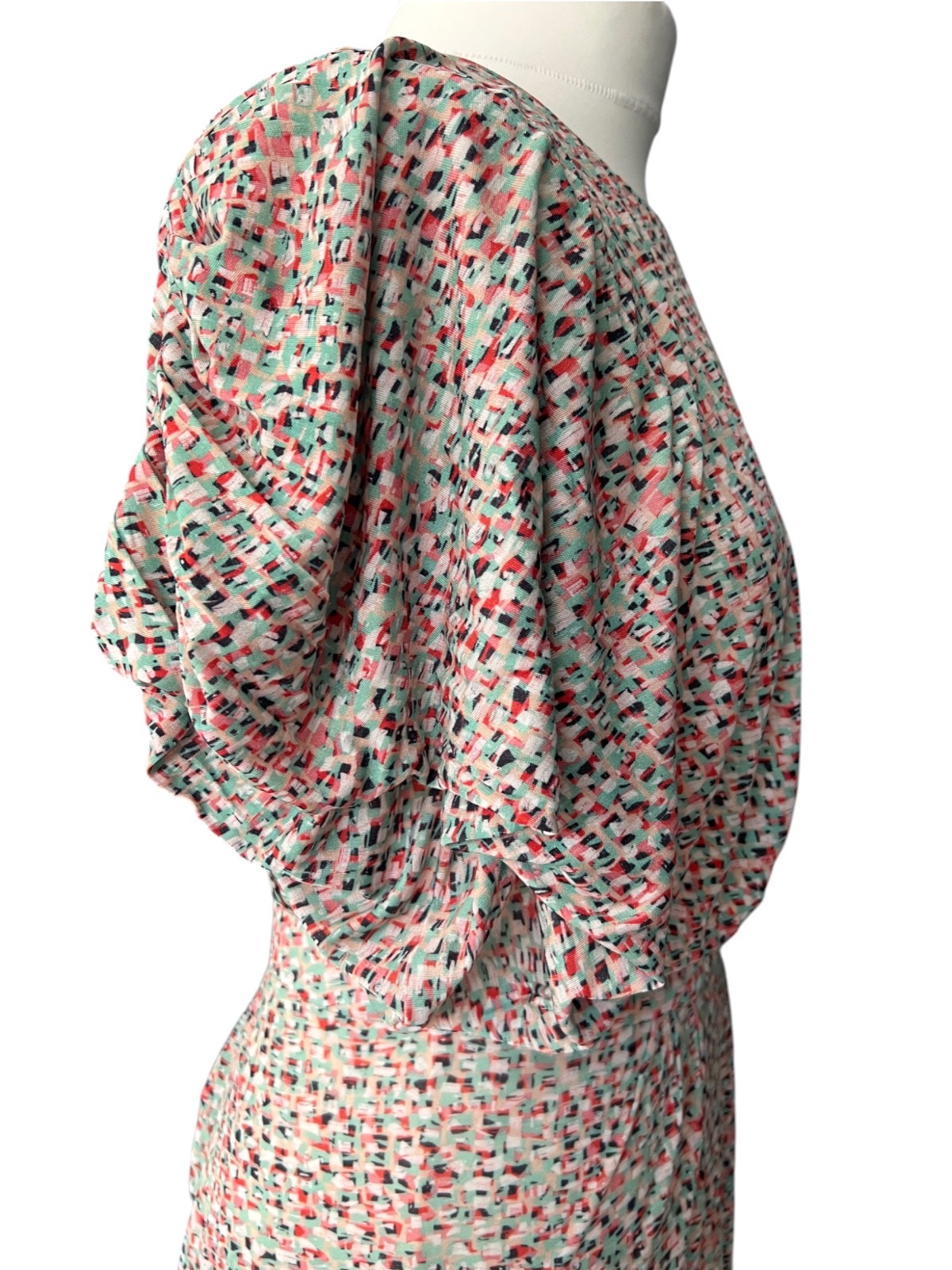 Saloni Silk Draped Dress UK 10 US 6 Multicolour Print Batwing Open Back Midi