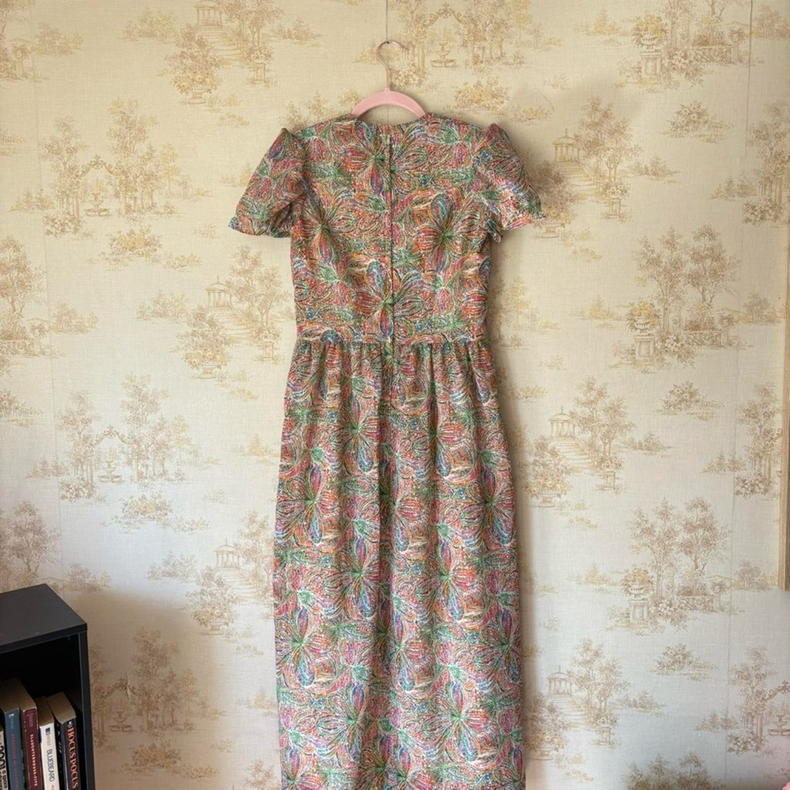 Vintage 50s 60s rainbow floral print short sleeve square neck midi party dress