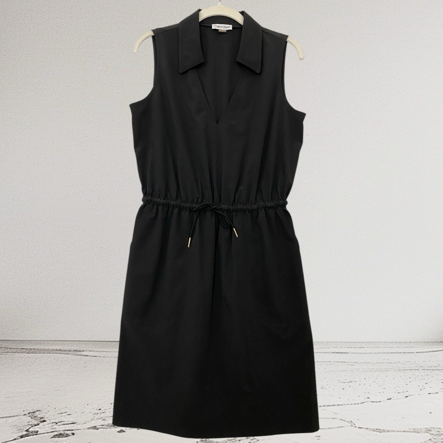 Calvin Klein Drawstring Waist Collard Sleeveless Sheath Dress Size 8 Stretch