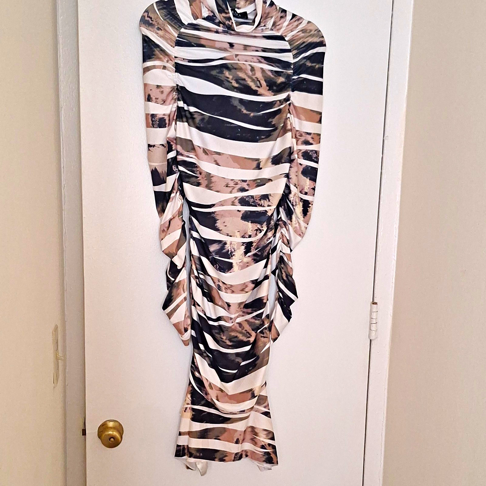 AKIRA Black Beige Animal Print Ruched Stretch Turtleneck Bodycon Long Dress M