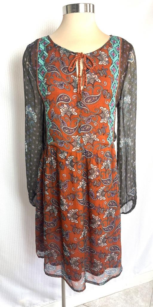 SUNDANCE Size M Boho Orange Chiffon Layered Artist Devine Tassel Tie Dress M