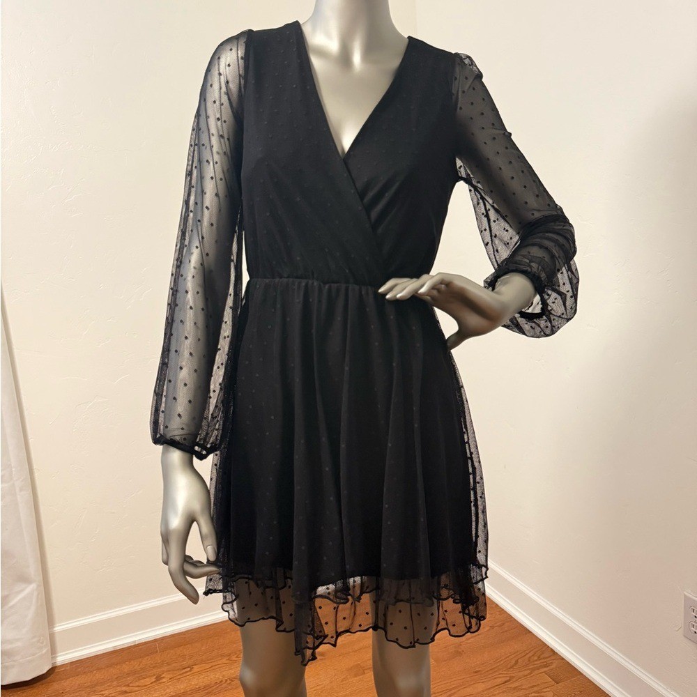 Allison & Kelly Black Polka Dot Sheer Mini Long Sleeve whimsigoth Dress