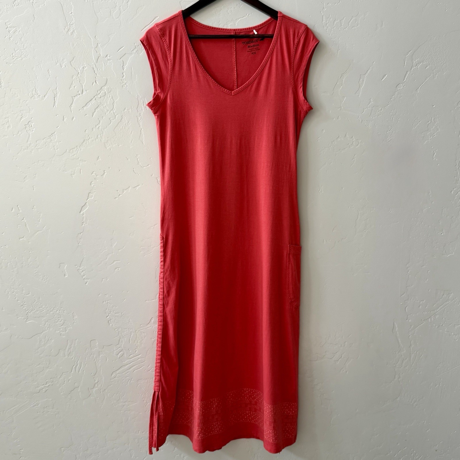 Toad & Co Muse Coral Midi Dress Womens Size M Organic Cotton Modal Ruched Casual