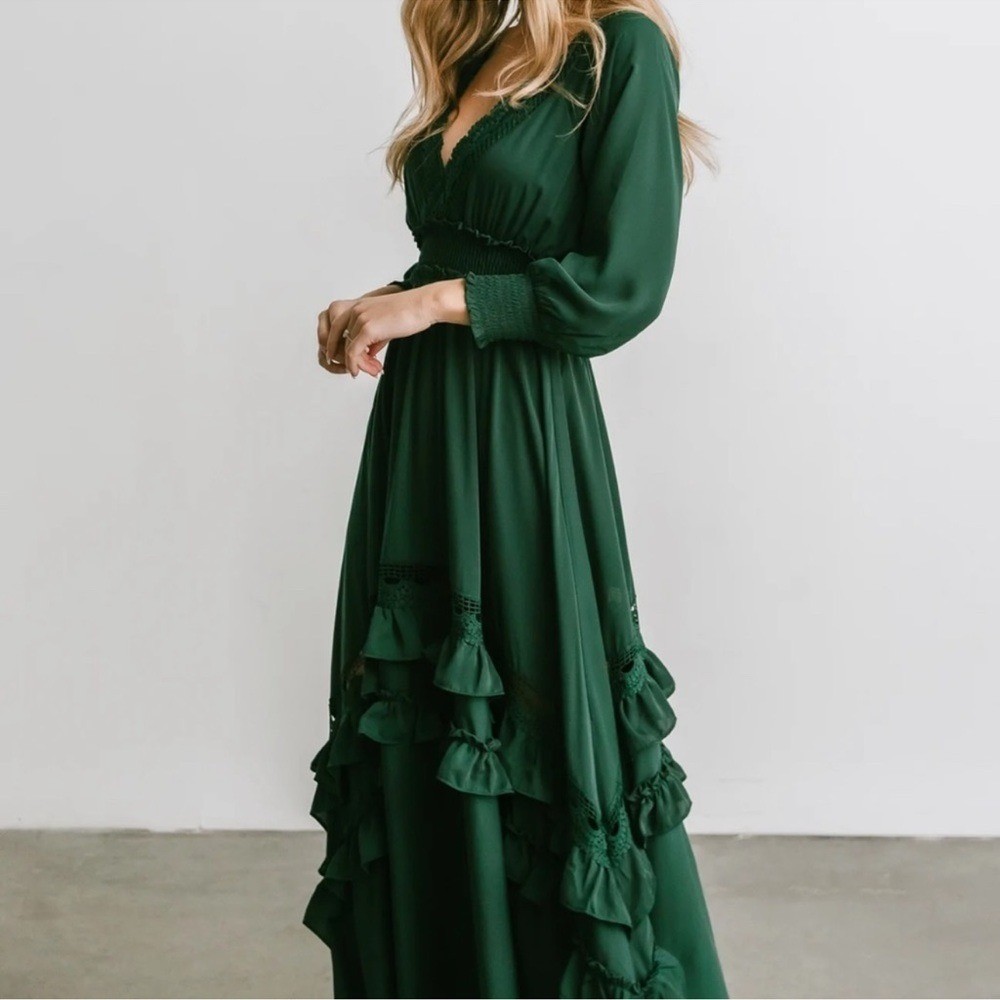 BALTICBORN pippA Women Emerald Green Tiered Ruffle Maxi Dress Long Sleeve LAre