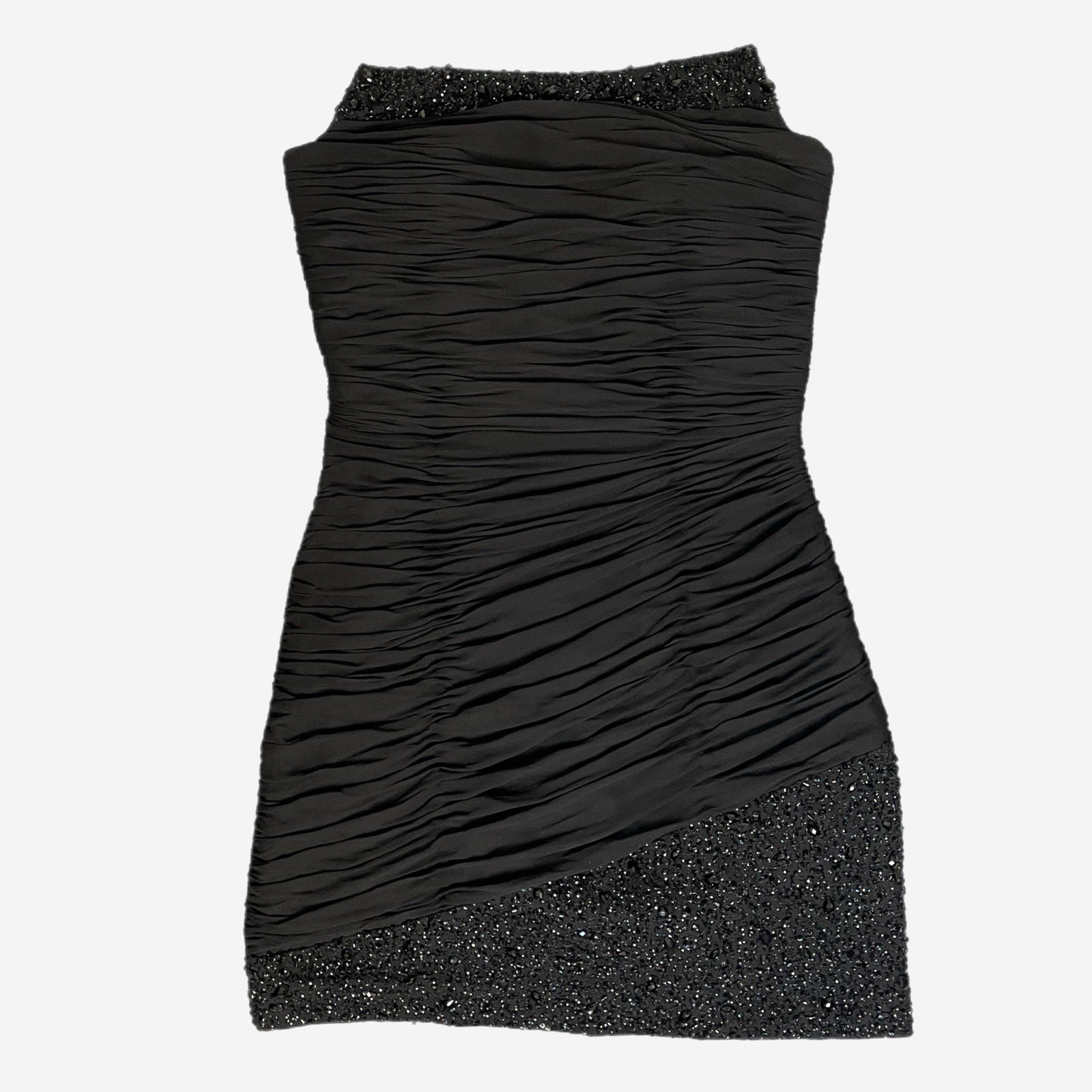 Basix II Black ruched pleated silk sequin beaded strapless mini dress formal S