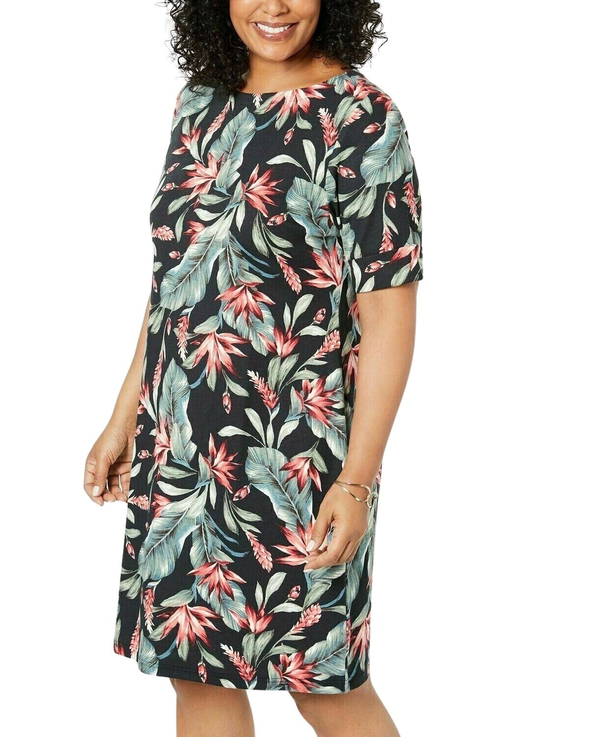 Karen Scott Womens Black Floral Boat Neck Knee Length Shirt Dress 0X