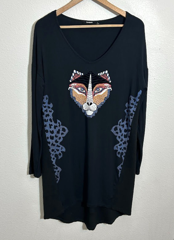 Desigual “Gabriella” Black Tunic Dress L Tiger We Are Animals Long Sleeve