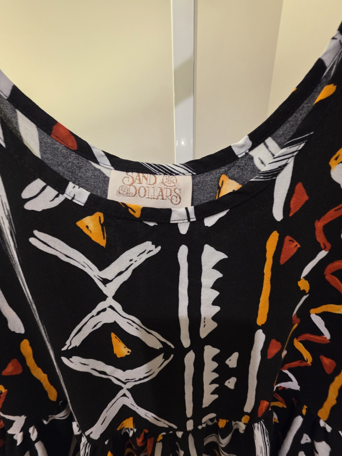 Midi Sun Dress Black Orange White Geometric Print Sleeveless M VTG