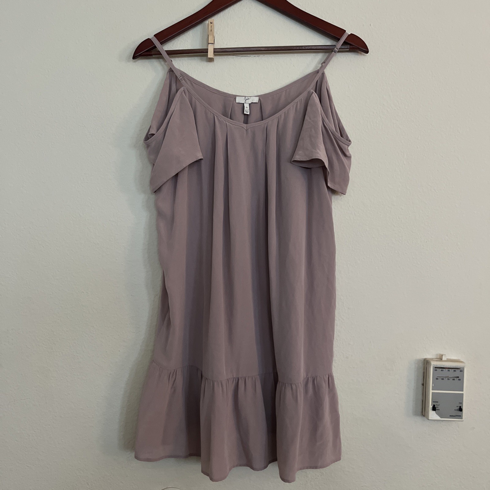 Joie 100% Silk Stellara Thistle Flounce Cold Shoulder Purple Mini Dress SZ XS