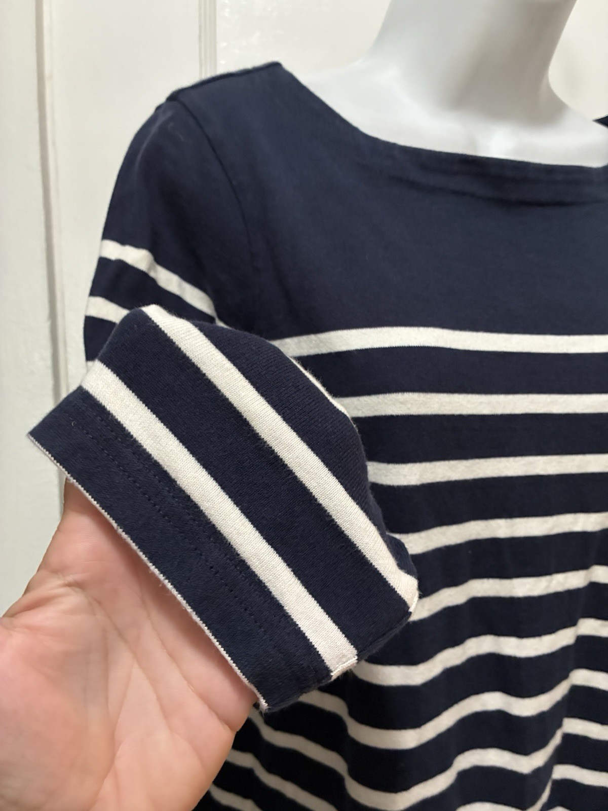 Preppy L.L. BEAN Boat Neck 100% Cotton Navy Blue Short Mini Sailor Dress M
