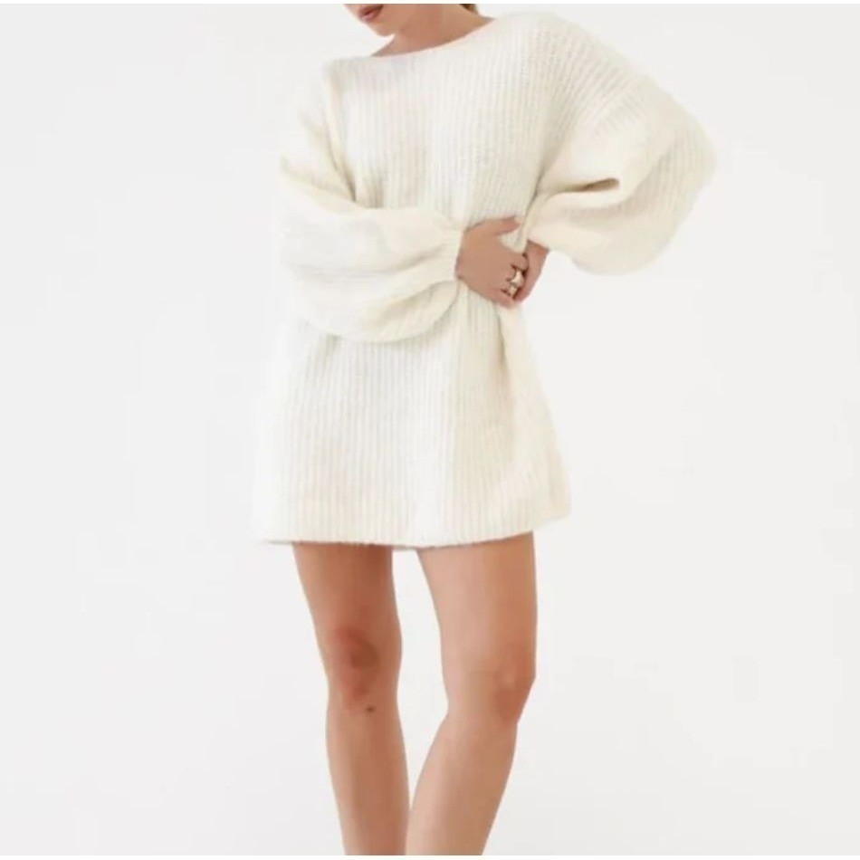 Rumored Revolve Oversized Knit XS Sweater Dress Cream Balloon Sleeve Cozy