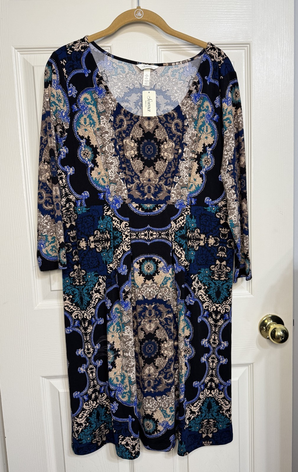 NWT Soma Size L Black Blue Tan Jade 3/4 Sleeve Empire Waist Pleat Detail Dress