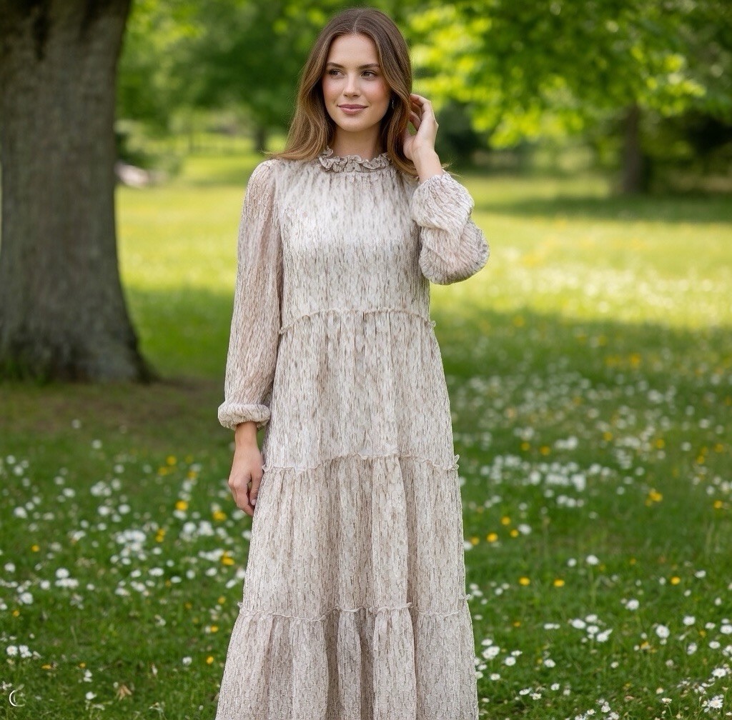 Polagram Women’s Beige Smocked Tiered Midi Dress M Mock Neck 3/4 Sleeve Boho VG