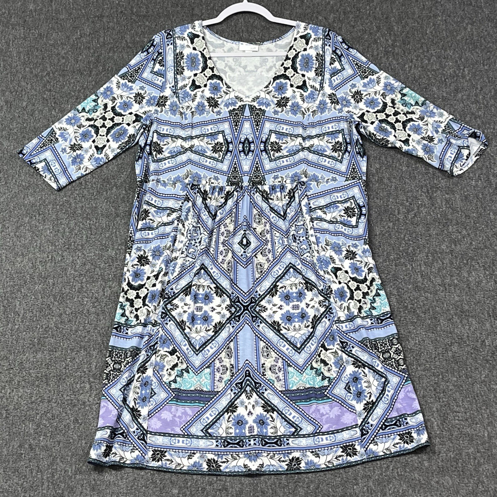 J Jill Dress Womens Large 3/4 Sleeve Blue White Black Floral Geometric All Over