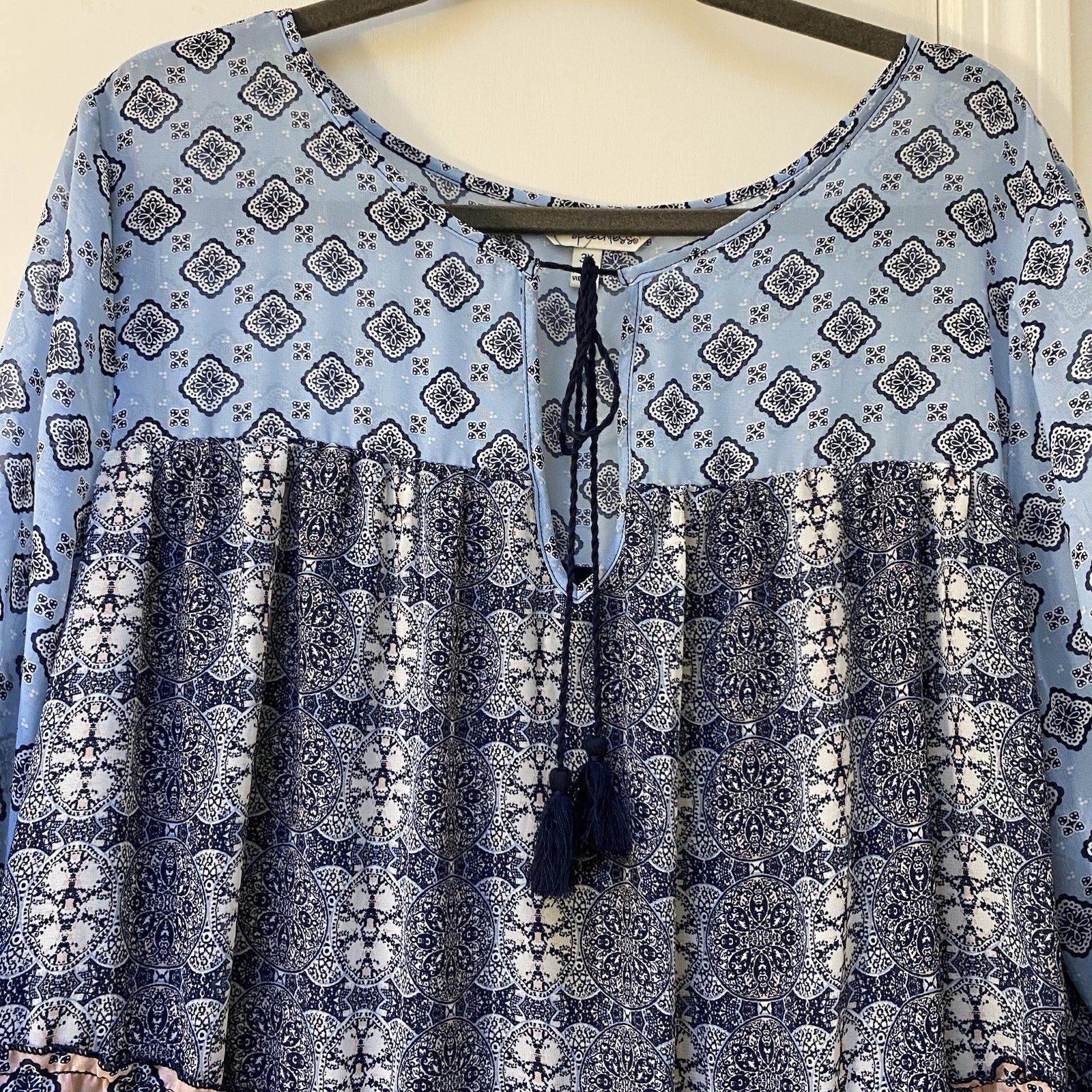 Speechless Sz 3X Tiered Dress Semi Sheer Lined Navy Lt Blue Pink Tie At Neck