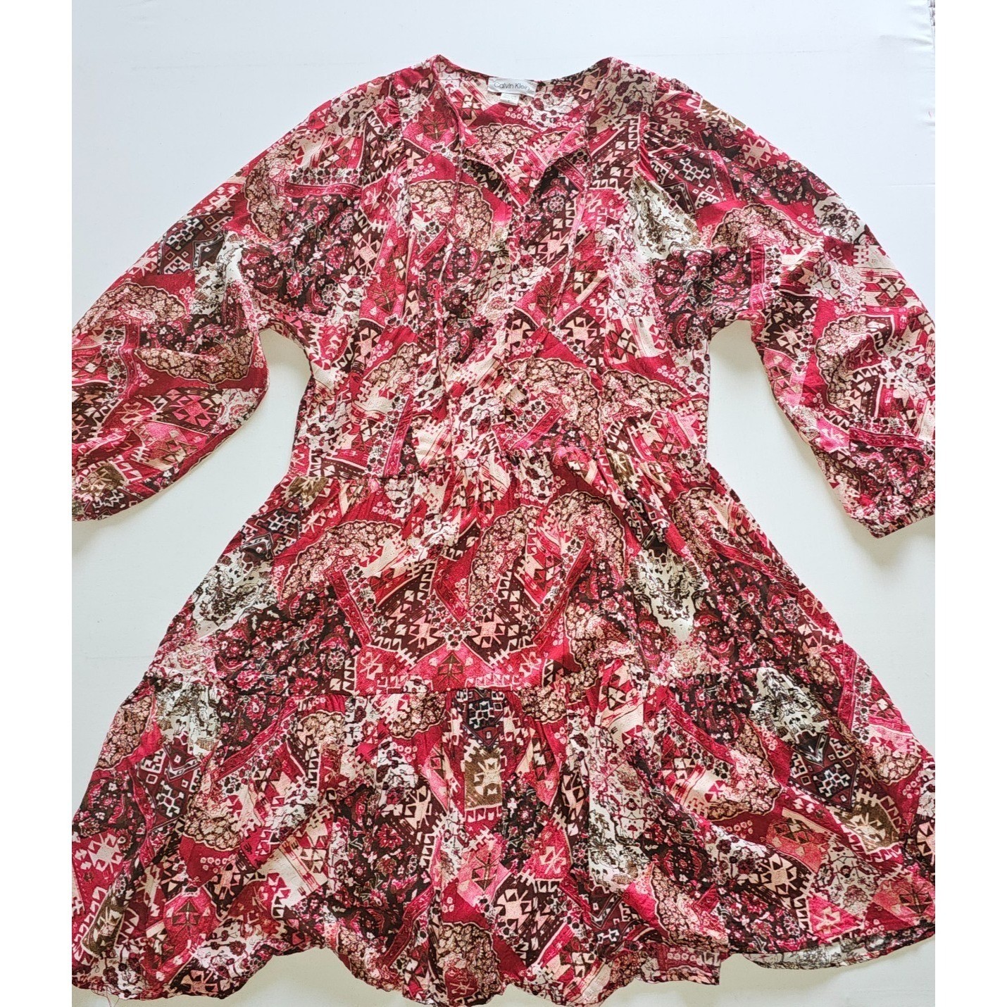 Calvin Klein Women’s Size 4 Boho Midi Dress 3/4 Sleeve Paisley Print Burgundy