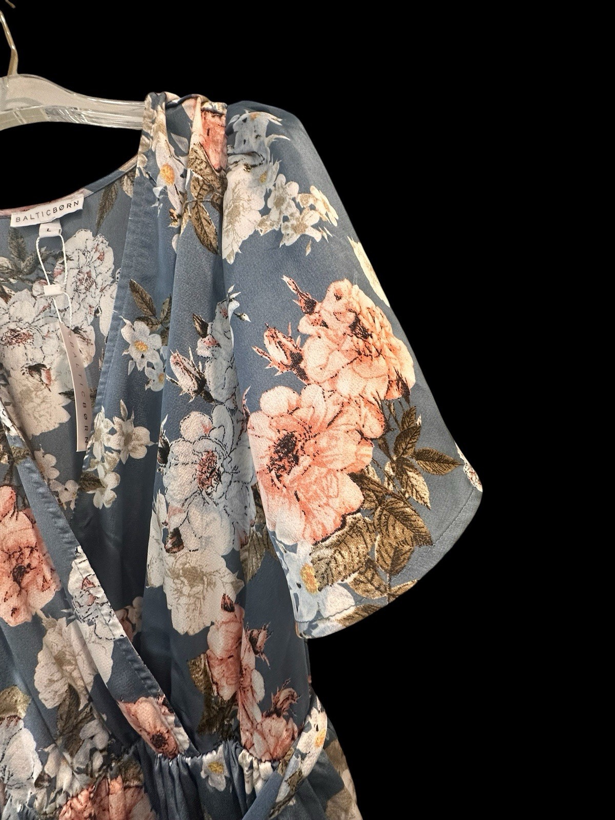Baltic Born Sicily Blue Floral Satin Maxi Dress Sz L Wrap Style High Slit NWT