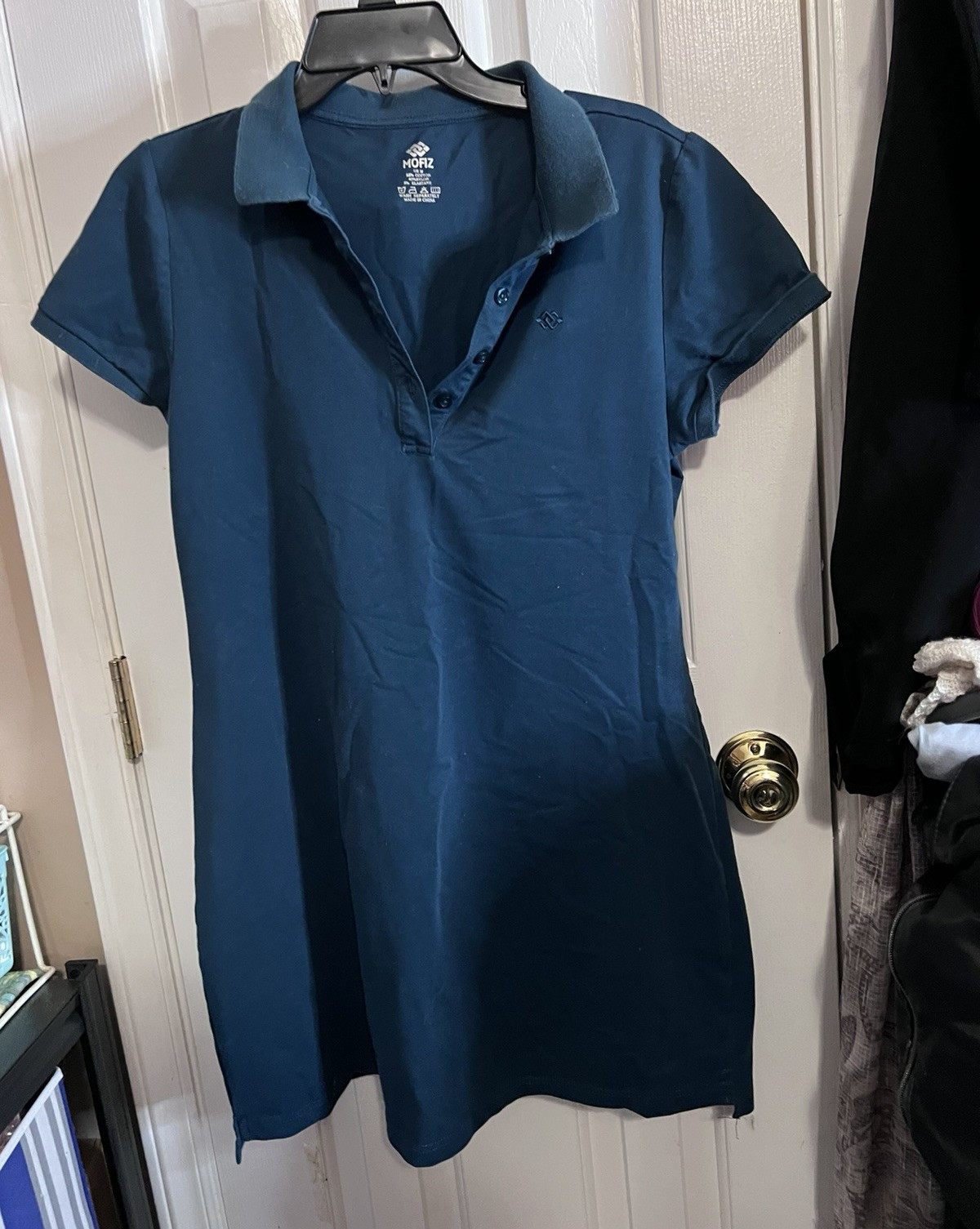 MOFIZ M Solid Blue Collared Knit Polo Dress Stretch Logo Accent Short Sleeve