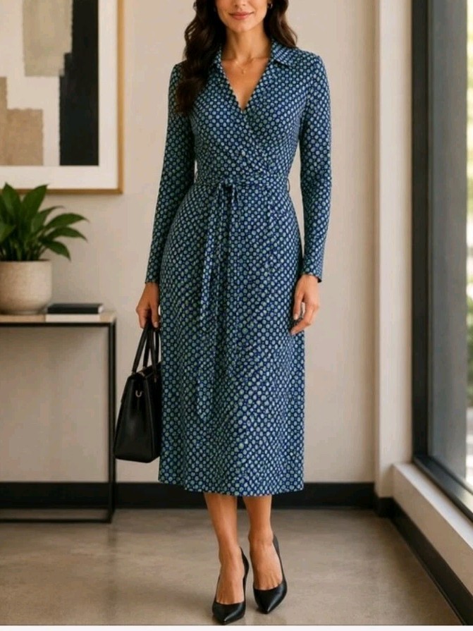 Tommy Hilfiger Women Size 6 Geometric Dot Print Collared Long Sleeve Wrap Dress