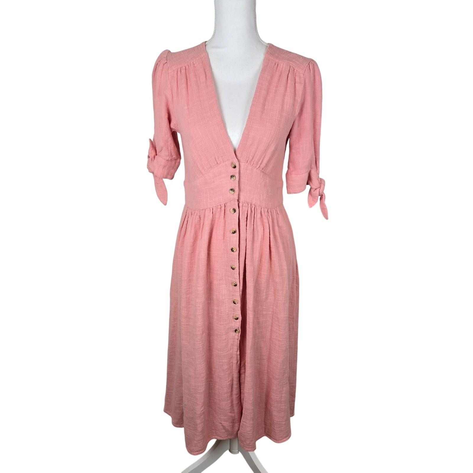 Free People Love of My Life Dress S Button Midi Linen Rose Pink Peasant Boho