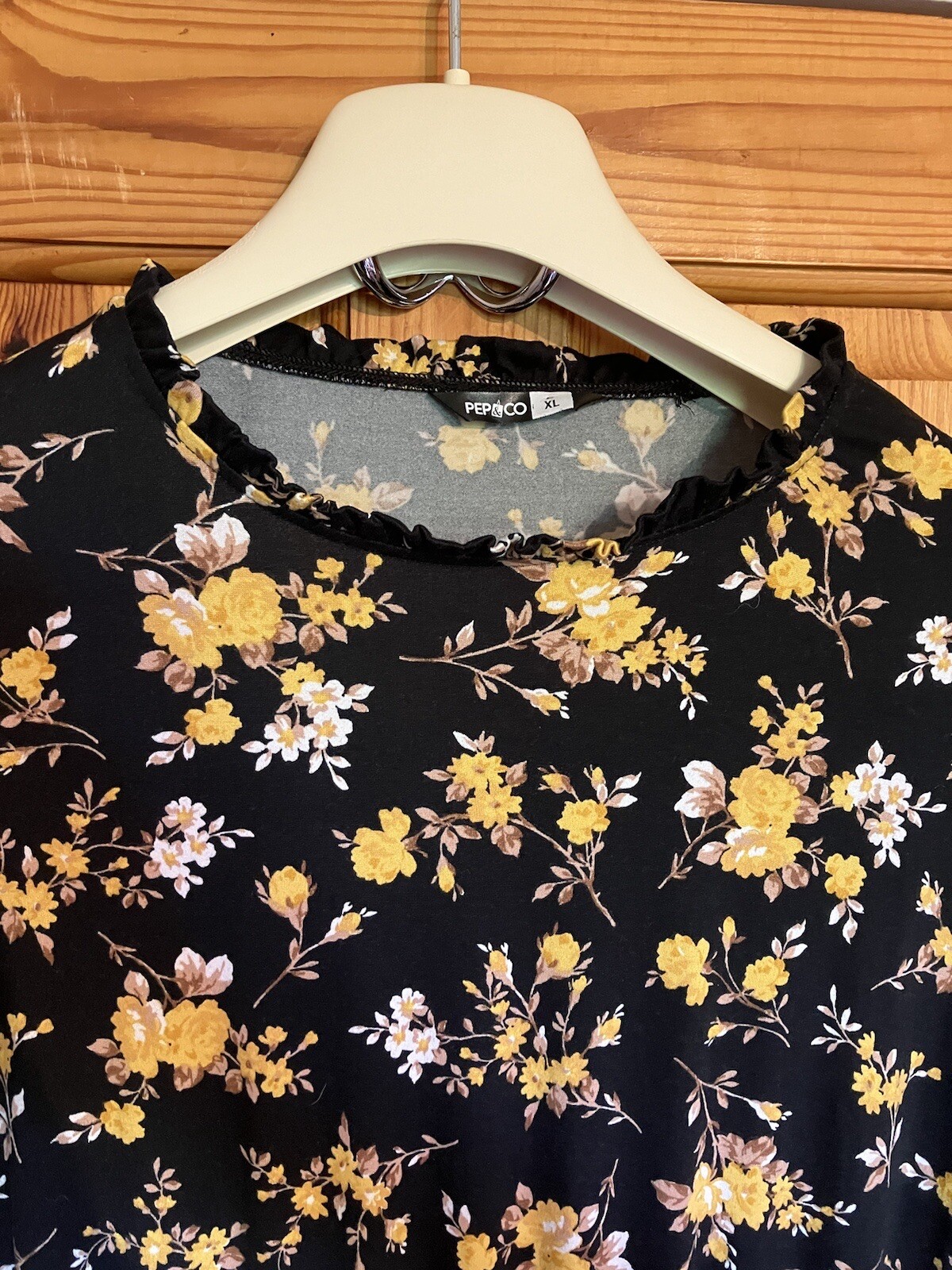 Black With Yellow Floral Pattern Knee Length Dress, XL by Pep&Co Long Sleeve