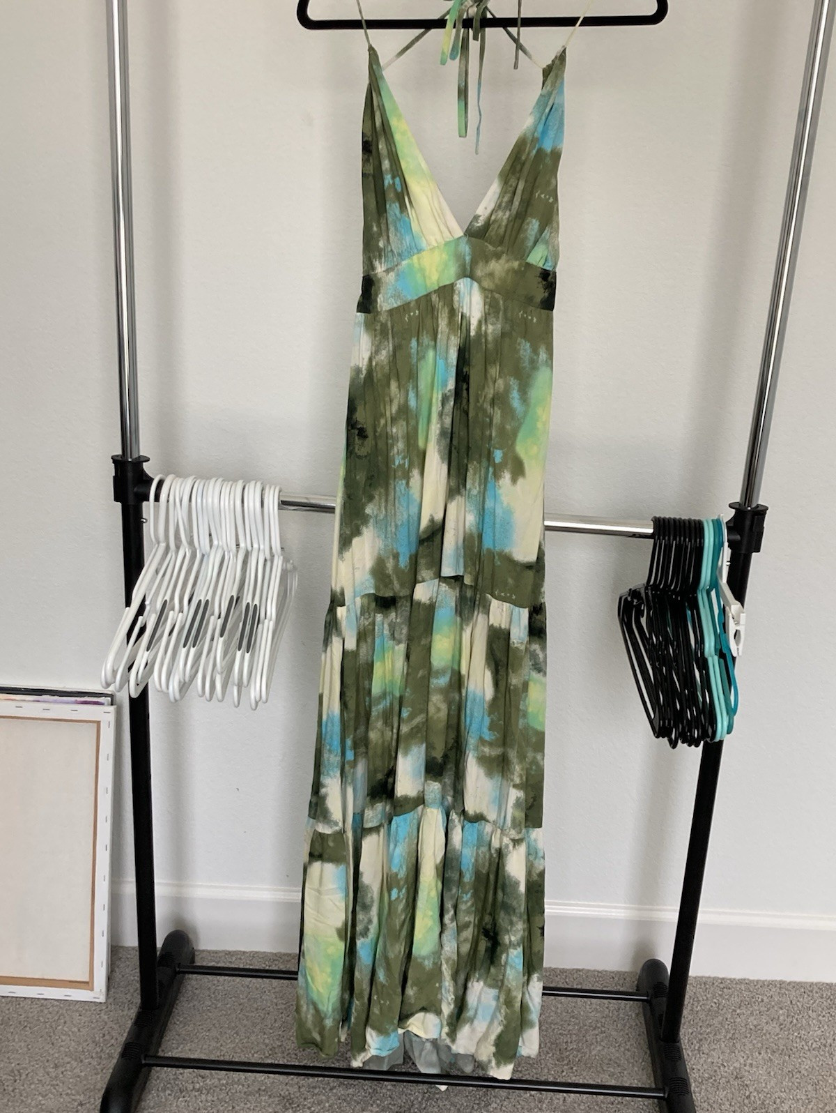 Green Blue White Abstract Maxi Dress L V-Neck Strappy Backless Luxxel