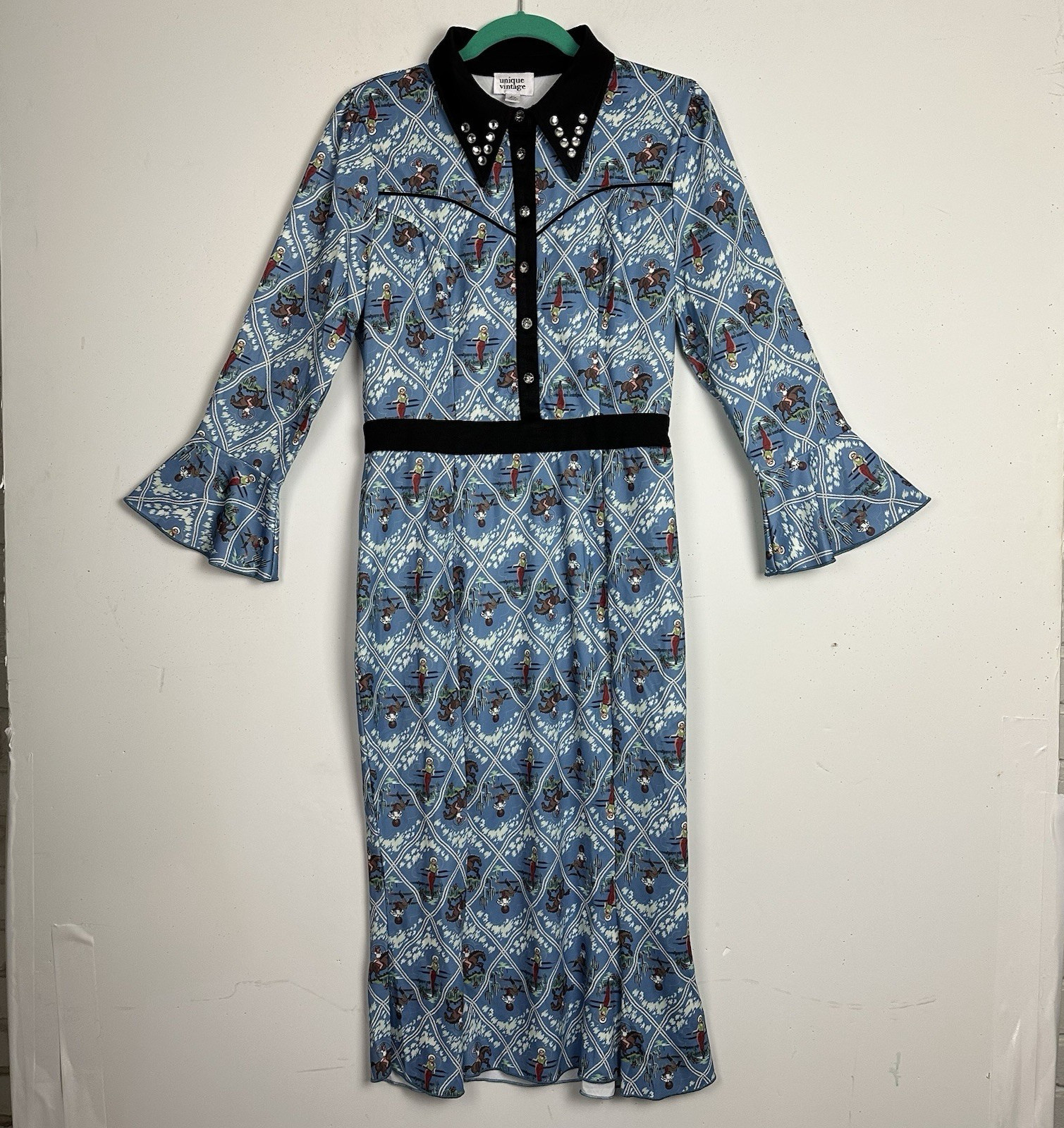 Unique Vintage Wiggle Dress Blue Western Cowgirl Flare Sleeve Pin-Up 50s Retro L