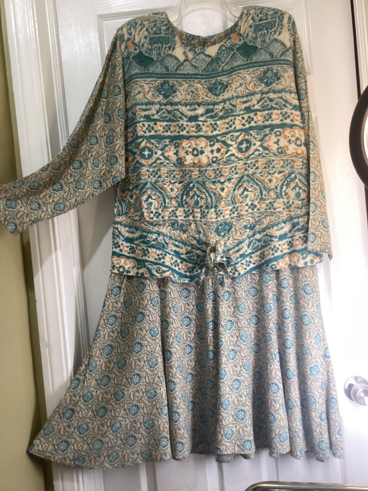 Vtg 90s Carole Little Boho Earth Tones Tie Drop Waist Flair Dress~Size 10