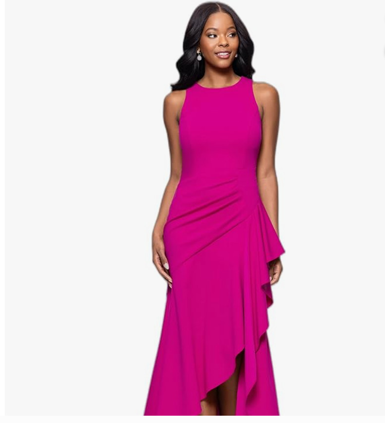 Betsy & Adam Women’s Sleeveless Floor-Length Dress with Asymmetrical Ruffle Deta