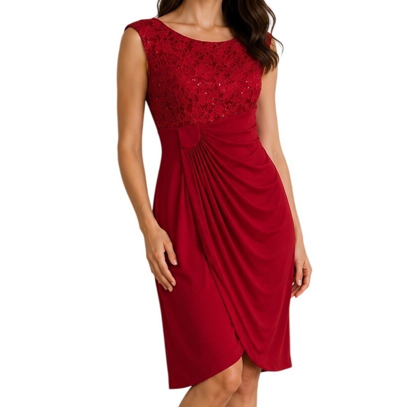 Connected Apparel Sheath Dress Womens 6 Red Lace Sequin Draped Cocktail Party