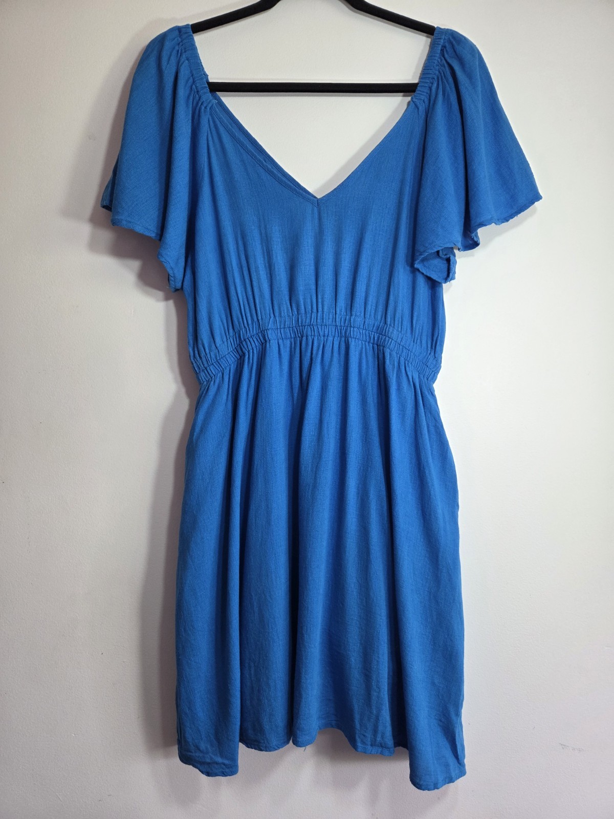 FRIA Size 12 Blue V-Neck Flutter Sleeve Elastic Waist Fit & Flare Short Dress