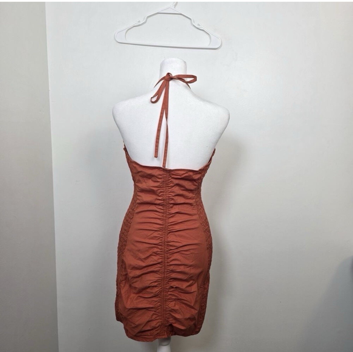 Free People Orange Halter Ruched Stretch Button Front Bodycon Mini Dress S