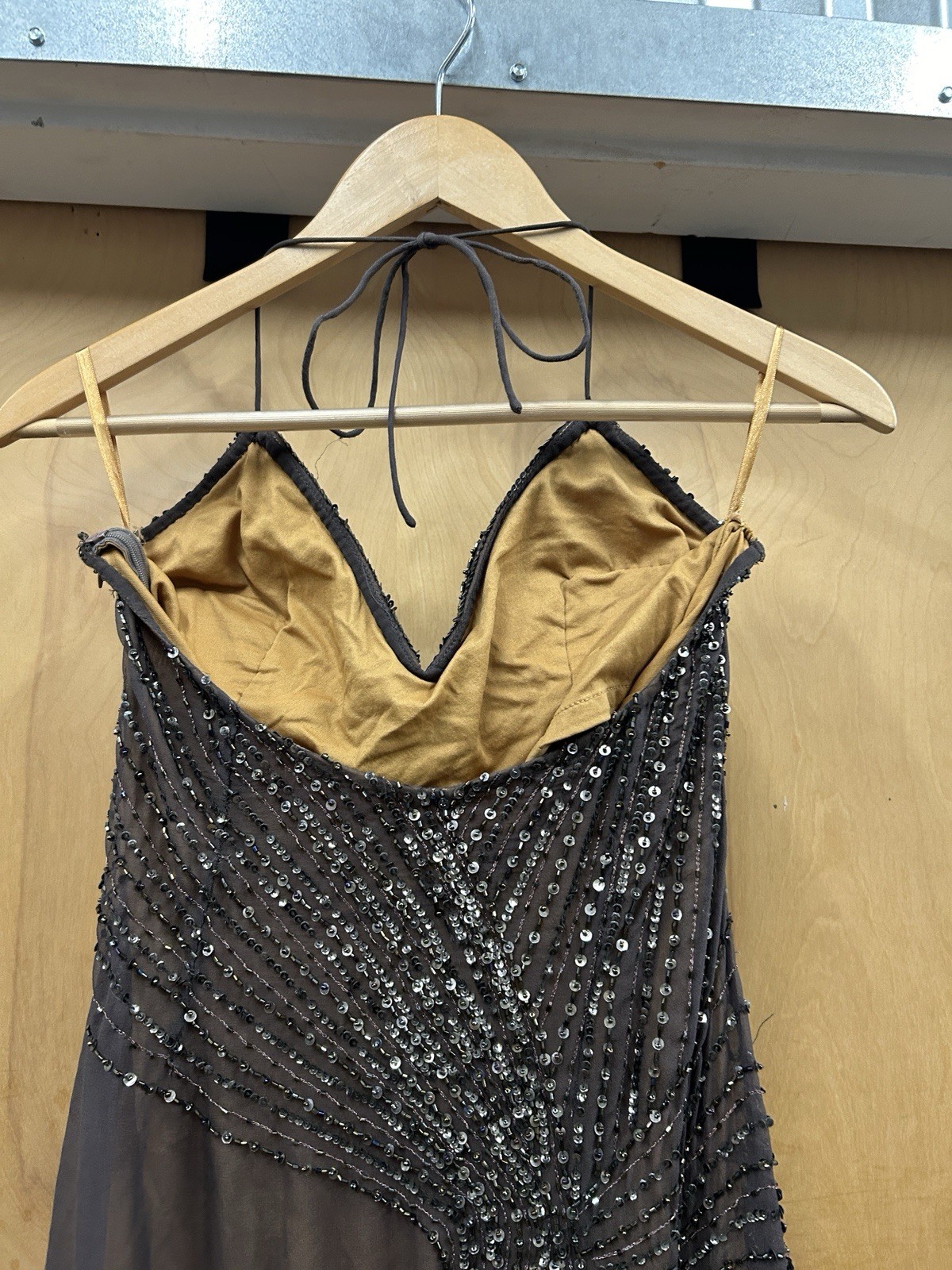 VTG Cassandra Stone 100% Silk Beaded Sequin Halter Brown Dress 4 Ruffle Fairy