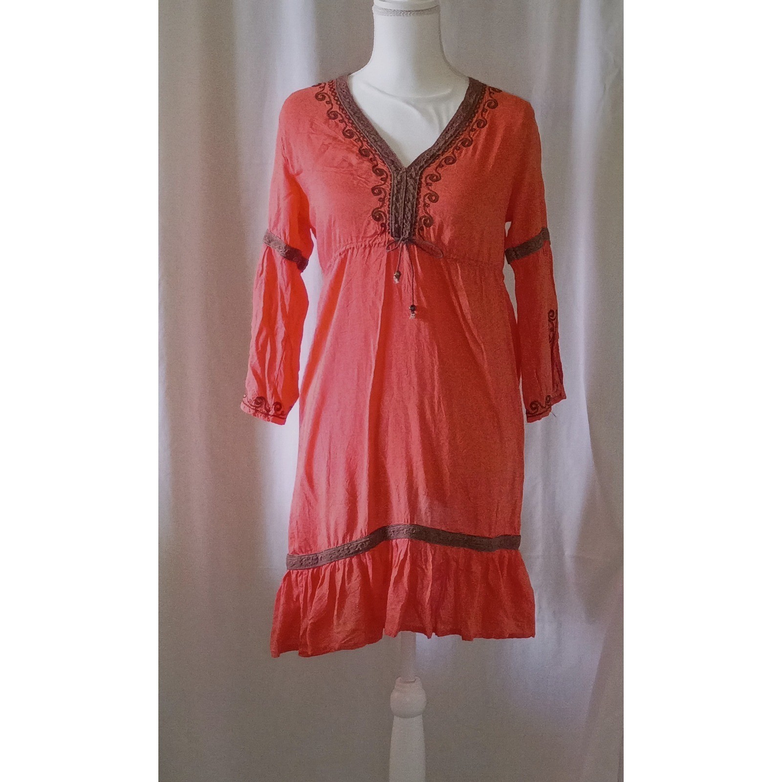 Boho Coral Orange Embroidered Gypsy Tunic Dress Ruffle Empire Waist 3/4 Sleeve